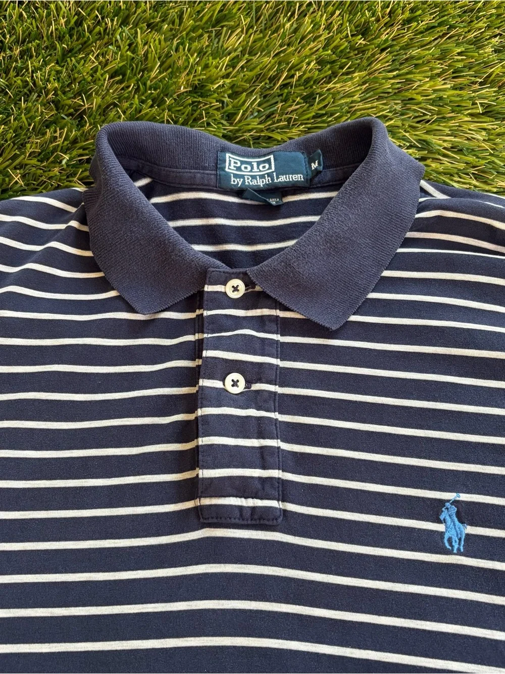 Polo Ralph Lauren Navy White Striped Polo Shirt Blue Pony Logo Size M